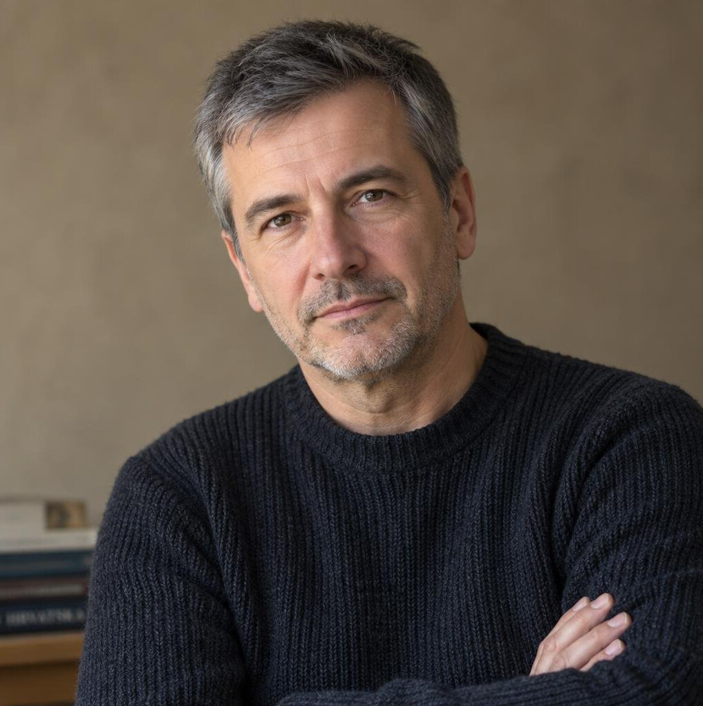 Studio portrait of a middle-aged Croatian male author with a thoughtful expression