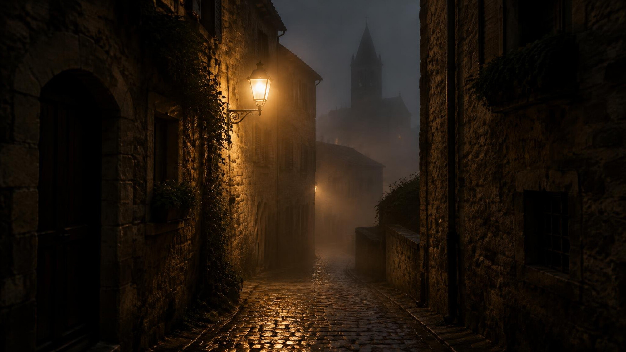 Foggy cobblestone alley at night with a single streetlamp