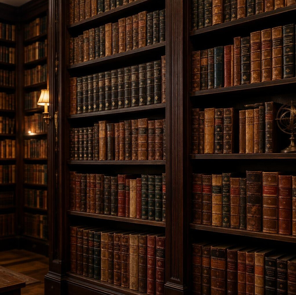 Tall wooden bookshelves filled with old books