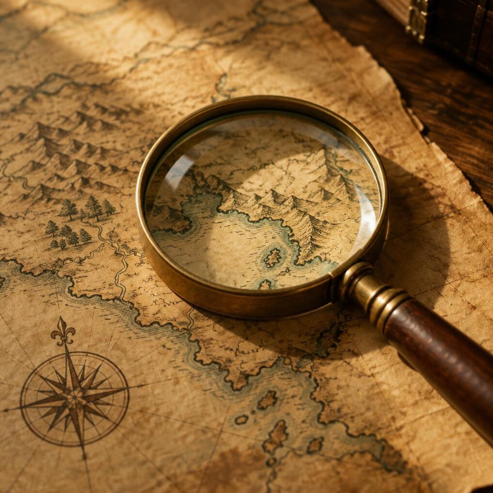 Vintage paper map with a magnifying glass resting on it