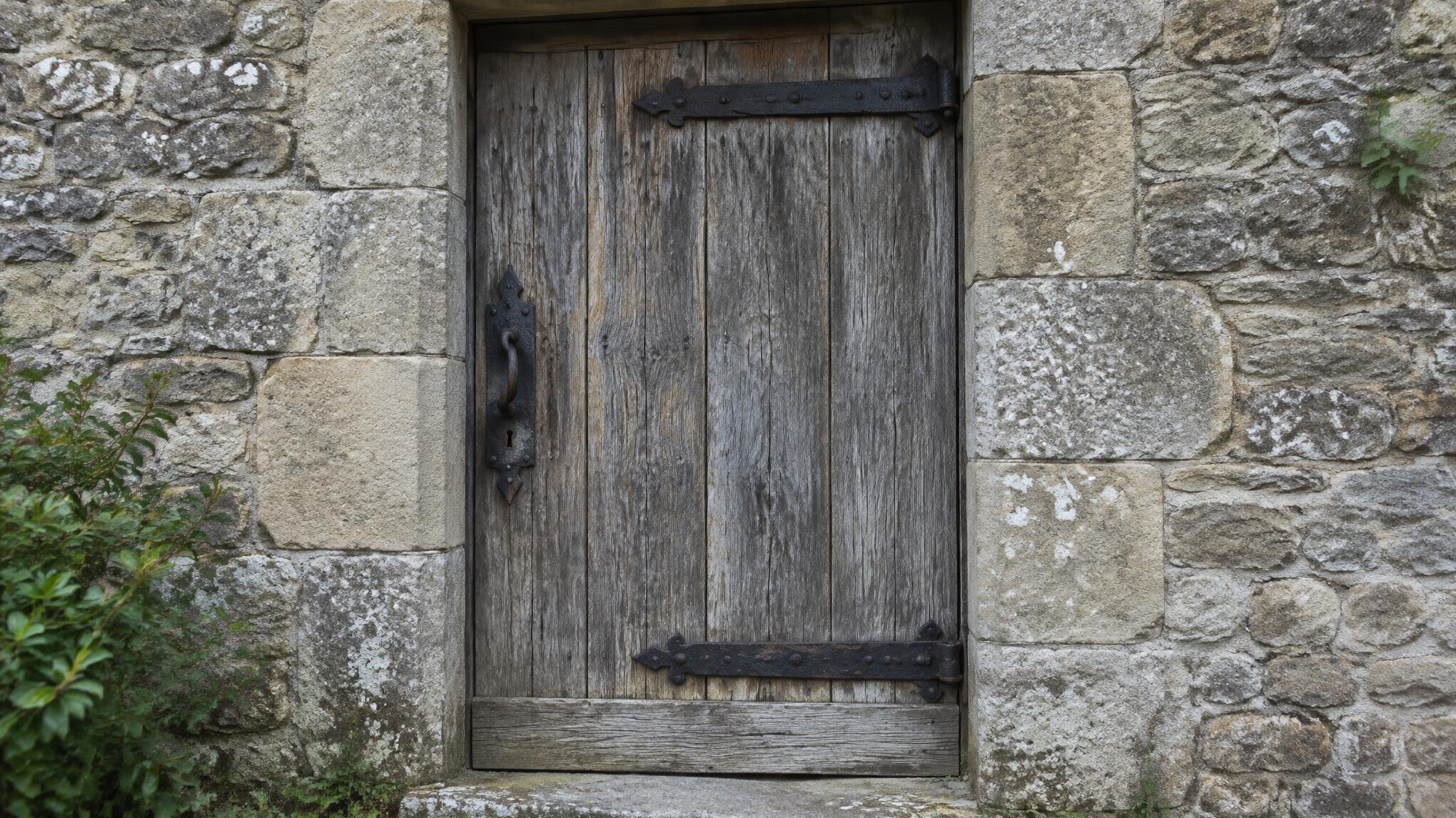 Old weathered wooden door with an iron handle