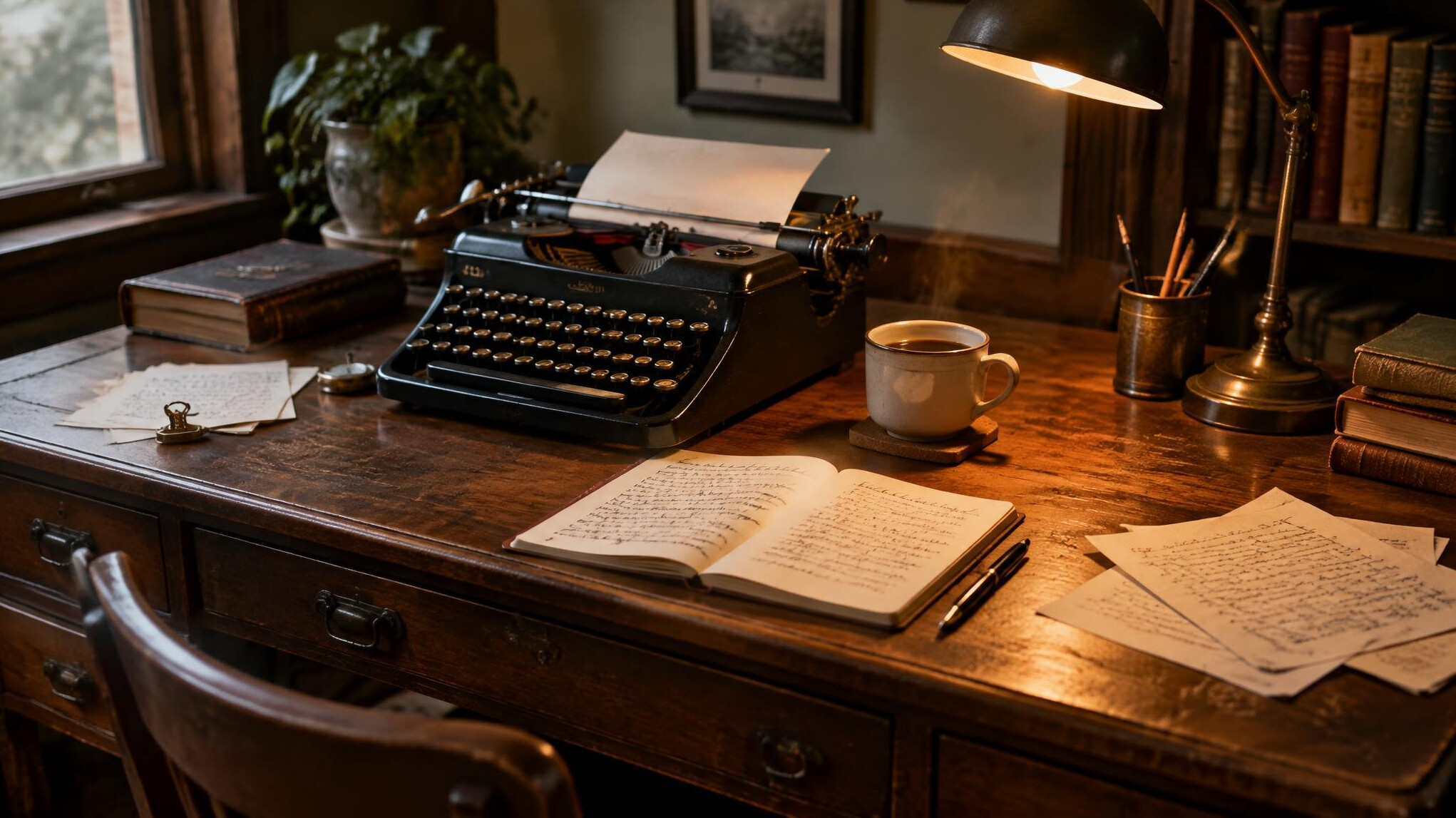 Vintage writing desk with typewriter, coffee cup and scattered papers