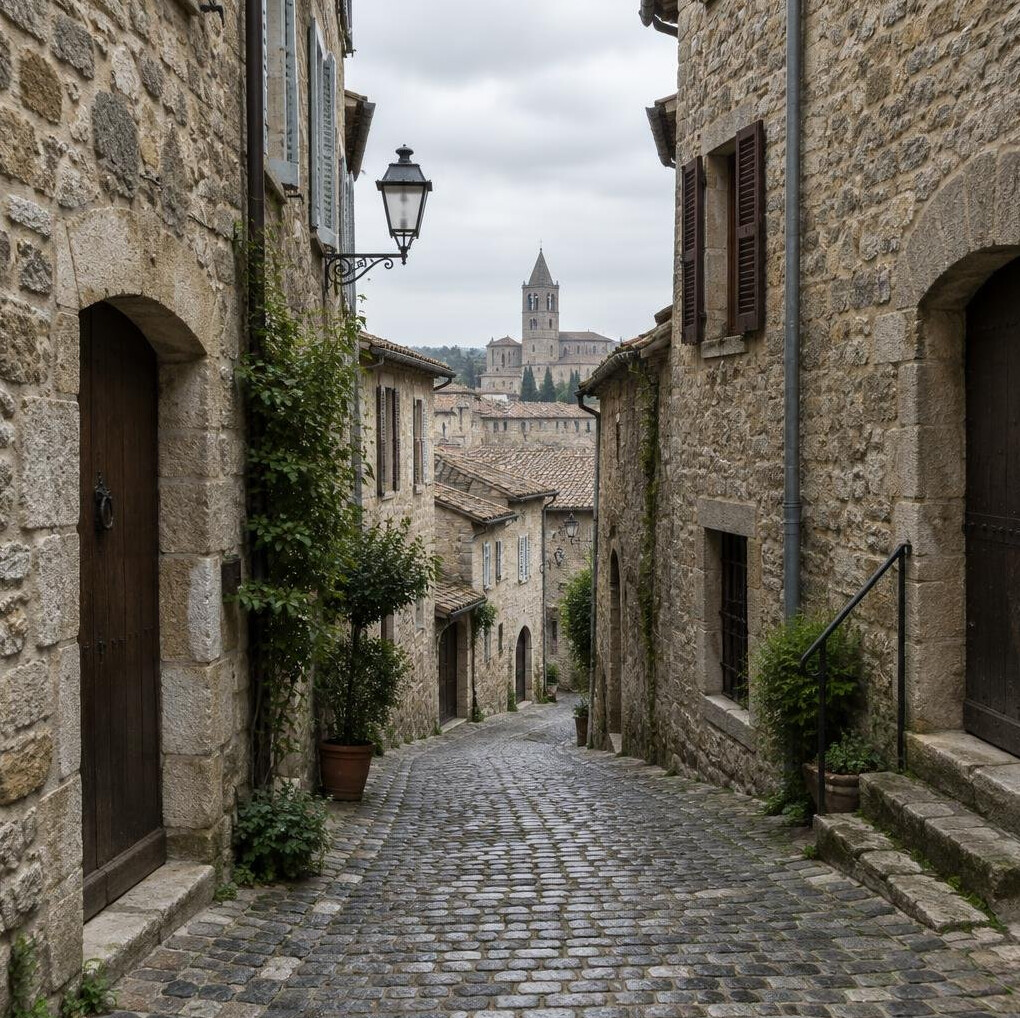 Narrow old European stone street with worn cobblestones