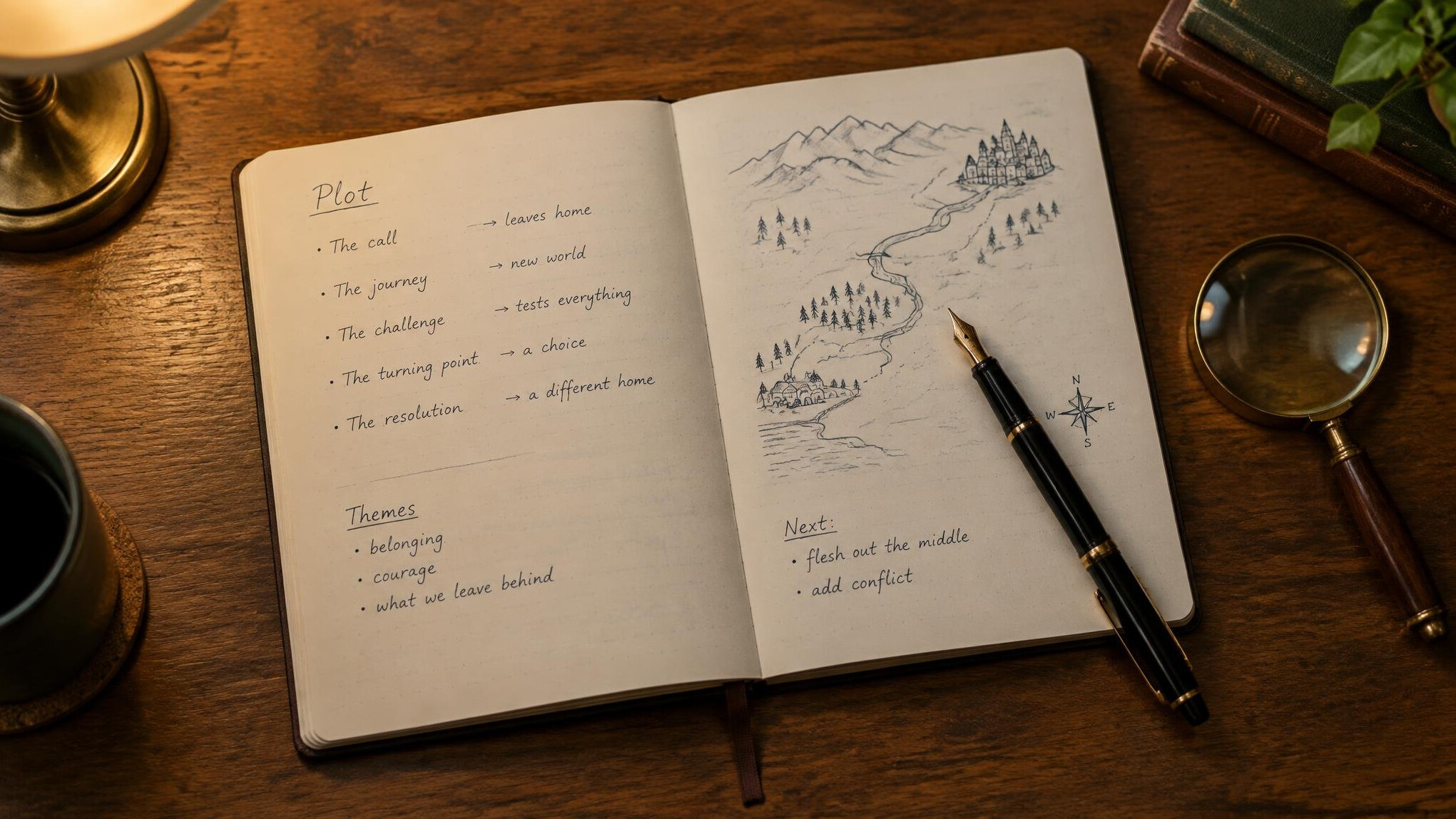 Open notebook with handwritten notes, a pen and a magnifying glass